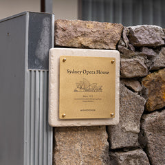 Distinguished MISHE Designs Custom Limestone and Brass Door Signs