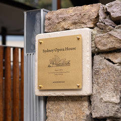 Distinguished MISHE Designs Custom Limestone and Brass Door Signs