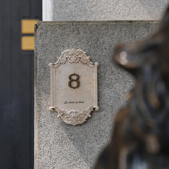 Refined Aesthetics MISHE DESIGN Customized Limestone and Brass Door Signs