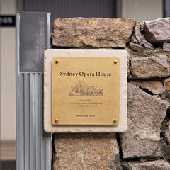 Distinguished MISHE Designs Custom Limestone and Brass Door Signs