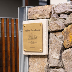 Distinguished MISHE Designs Custom Limestone and Brass Door Signs